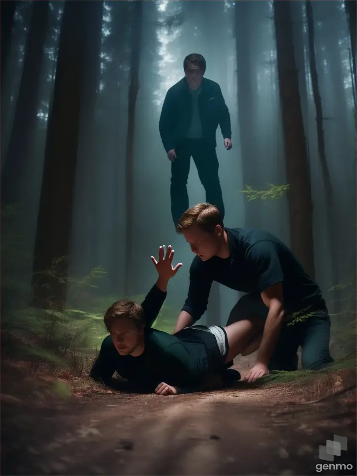 . **Final Moment of Terror**: Conclude with William and Justin 's final moments of terror as they succumb to the supernatural forces. In the dark midnight at dense forest

   [Image William and Justin collapsing in fear and fall down to the earth ]

