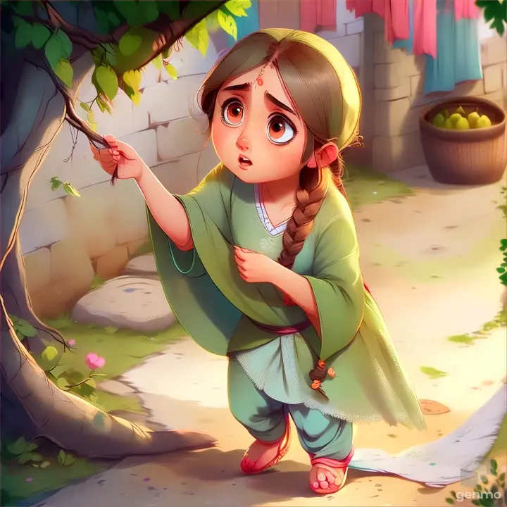  a poor  beautiful  sad  young girl  wearing  light  green  sarwal and kurtaa with  long braid wearing  slipper walking  surprisedlylooking up at the branches of the  treeand pluging the fruit    animation cartoon  indian  village style 