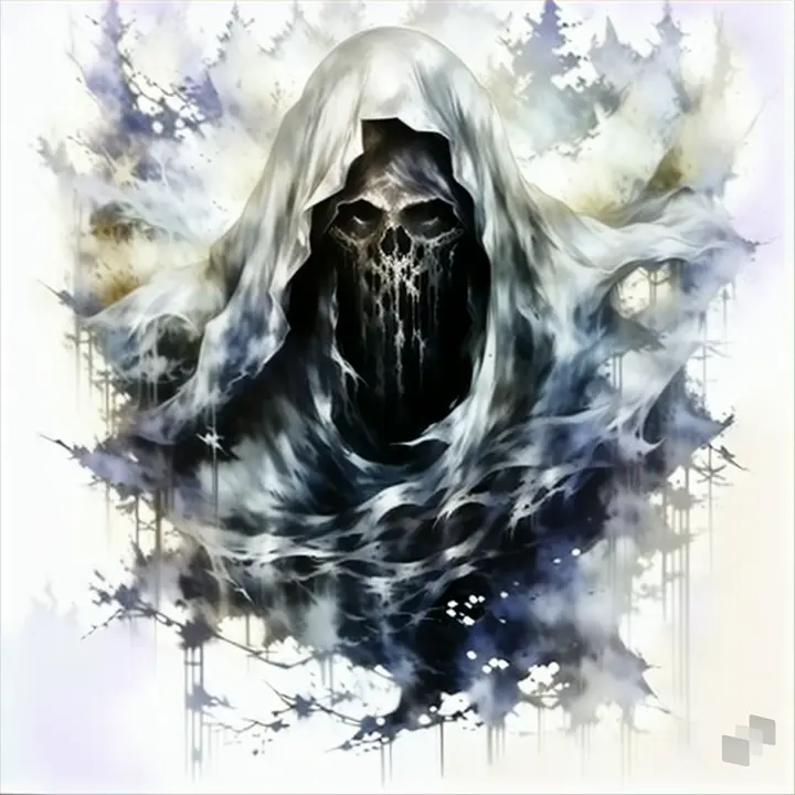 a black and white drawing of a hooded person