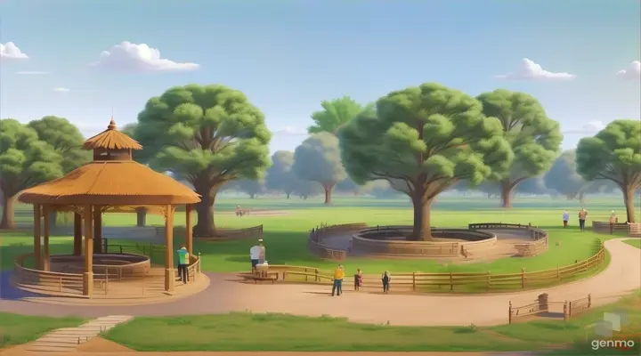 a painting of a park with a gazebo and trees