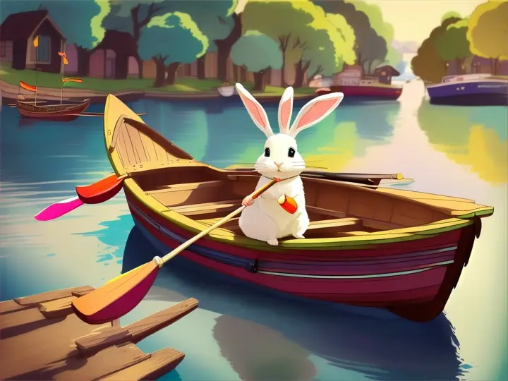 A cute cartoon rabbit rowing a boat