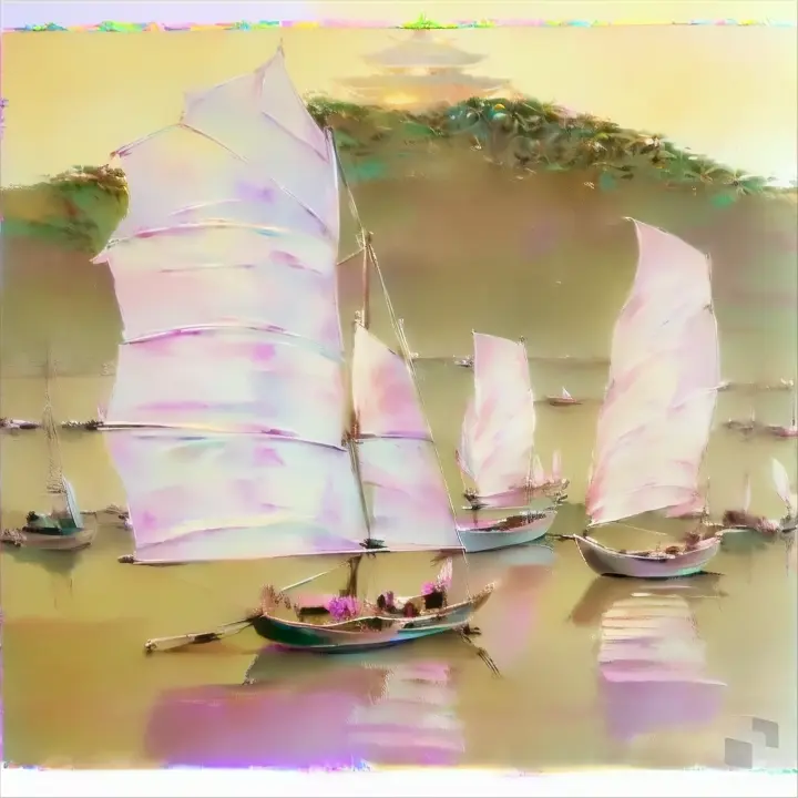 a painting of two sailboats in a body of water