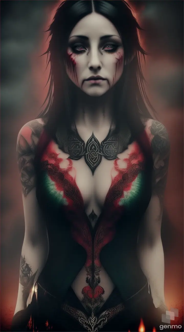 woman with celtic tattoos, crying,  red tears, walking between melting black roses, sad and romantic atmosphere, HDR quality, high details