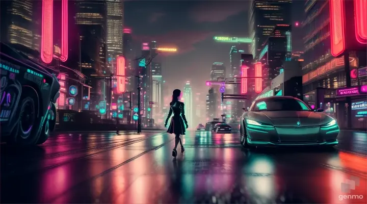 far shot of A cyberpunk woman walking in a futuristic city, photorealistic night scene, cinematic.
