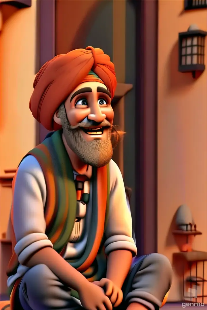 a man with a beard and a turban sitting on the ground, make the image real