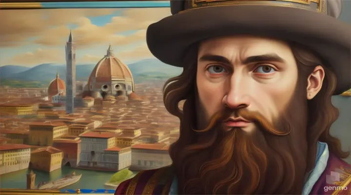 a painting of a young with a long beard, over 500 years ago, Da Vinci. Accompany Leonardo da Vinci on a journey through time and space as he explores the streets of Florence, the colors of Florence and the people walking on Florence street. horizontal 16.9