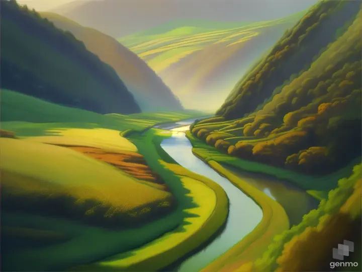 a painting of a lush green valley with a hils