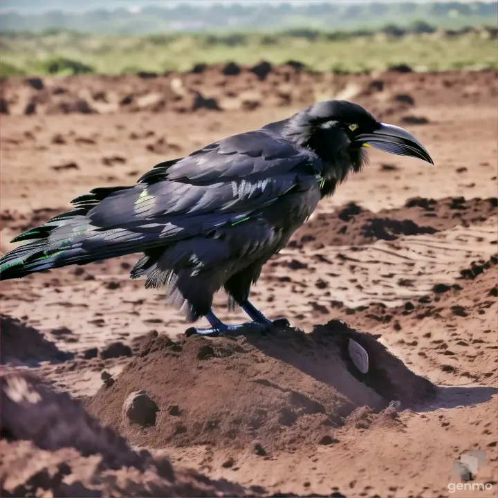 a large black bird standing on top of a dirt field