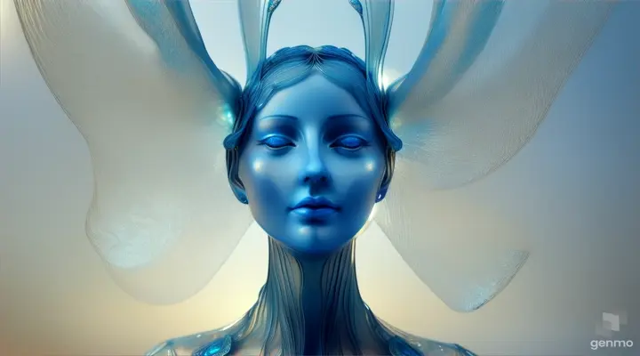 A mesmerizing, hyper-realistic photograph of a transparent Scintillant blue jelly sculpture, intricately shaped like a woman. The jelly's translucent, gel-like texture catches the light, creating a stunning play of colors and reflections. The woman is posed gracefully, with her arms raised above her head. The background is minimalistic, allowing the jelly's form and colors to take center stage. The overall effect is surreal, capturing the essence of an ethereal, otherworldly being.