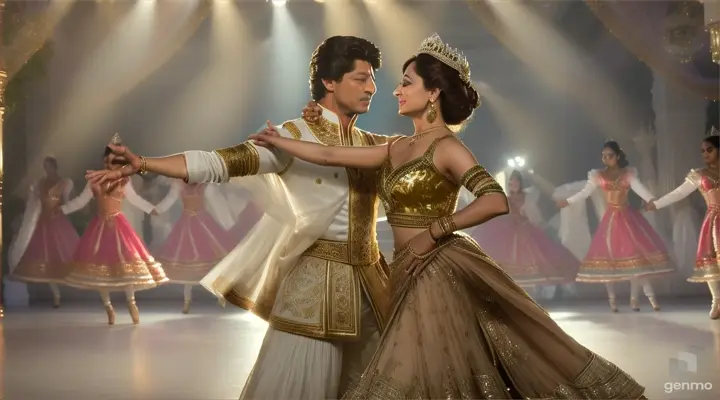 realism/ cinematic / 4k high definition / actor shah rukh khan in indian king costume singing song and actress madhuri dixit in queen costume romantic dancing at beautiful natural place/ background dancers are dancing in mist