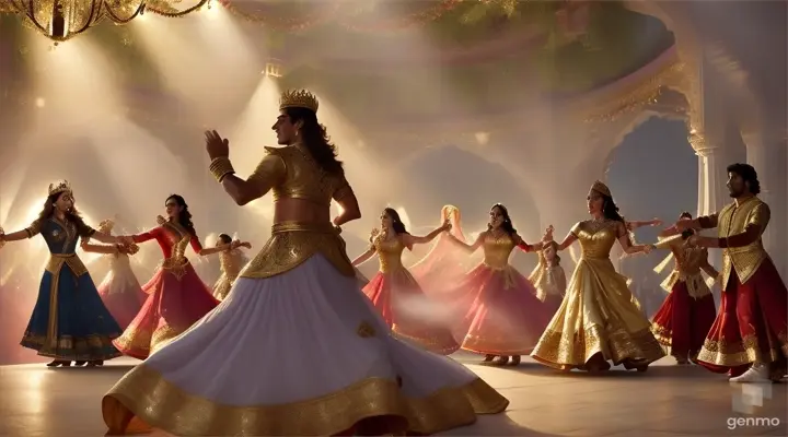 realism/ cinematic / 4k high definition / actor shah rukh khan in indian king costume singing song and actress madhuri dixit in queen costume romantic dancing at beautiful natural place/ background dancers are dancing in mist