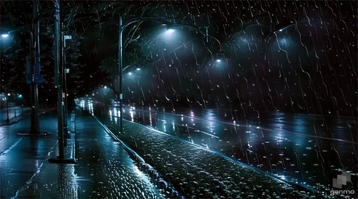 a rainy night with a street light and street lights