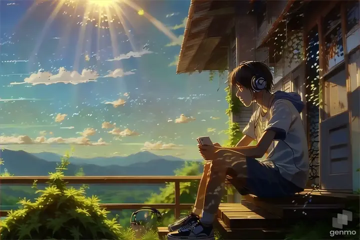 Anime, person sitting on a porch with headphones on