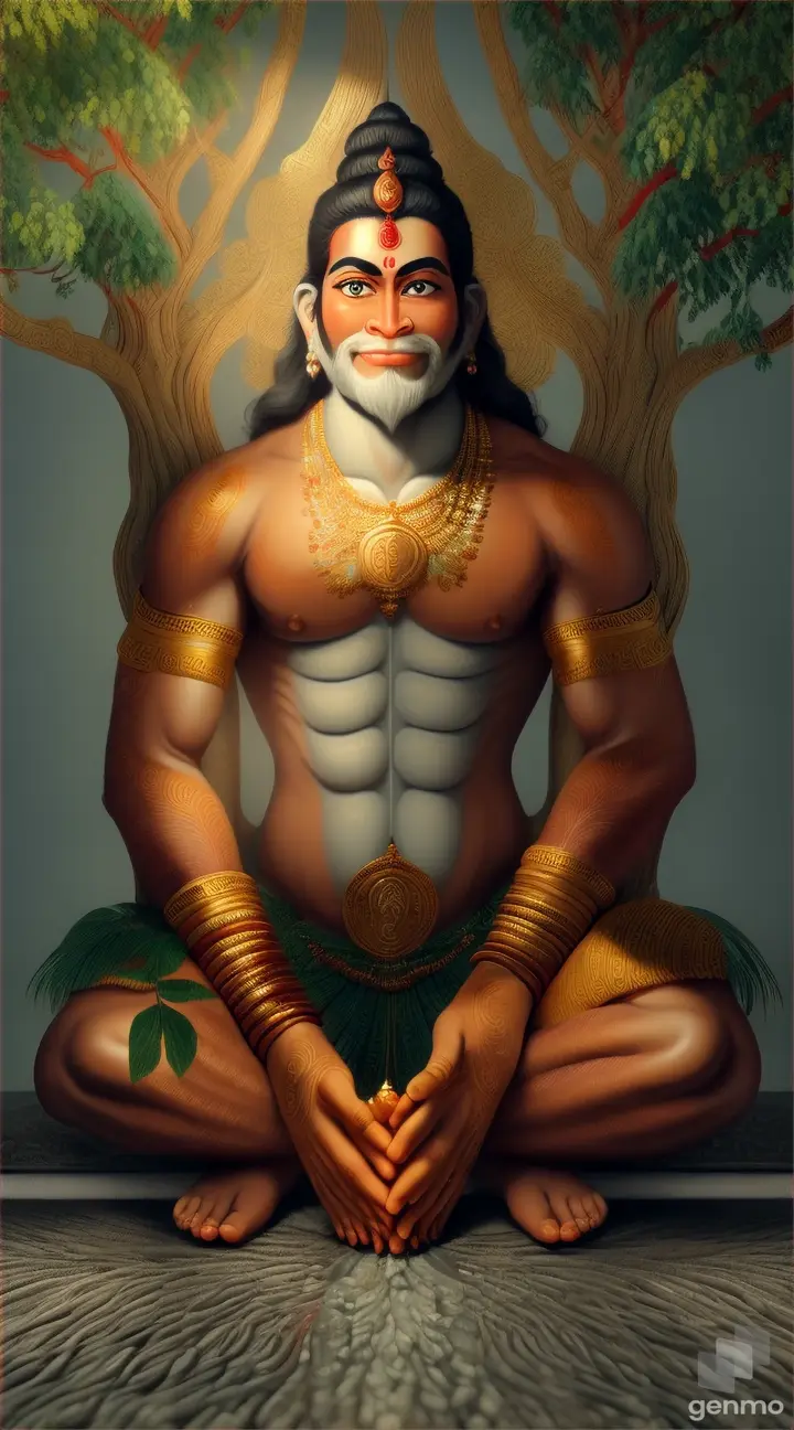 Artistic Style:** Render God Hanuman in a traditional Indian painting style, with rich colors and intricate details. Depict him kneeling in prayer before a sacred banyan tree, its branches overflowing with 10,000 meticulously hand-painted leaves. Capture the essence of Hanuman's devotion and spiritual connection. 