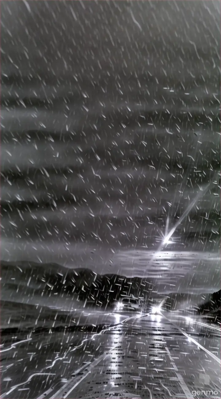 a black and white photo of a car driving in the rain