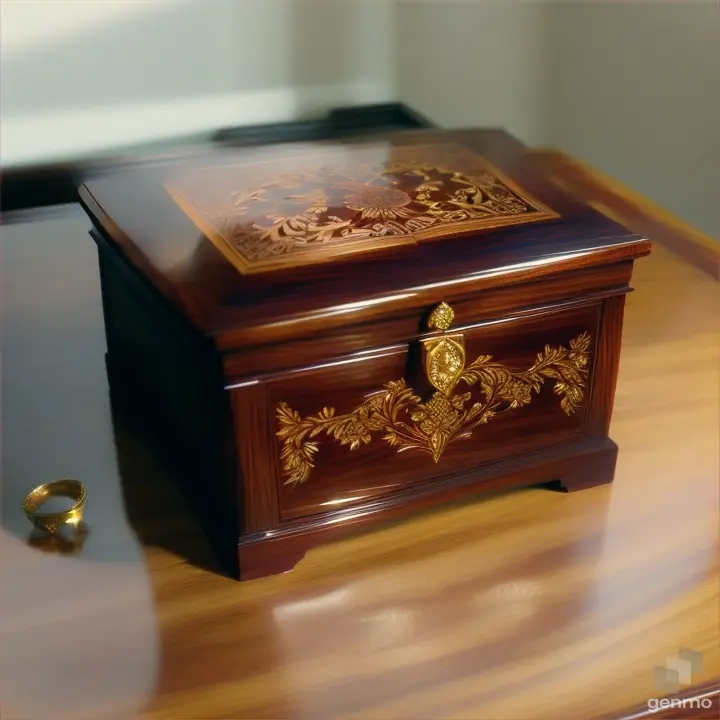 Mahogany artisan jewelry box adorned with floral carvings, bathed in warm golden-hour light