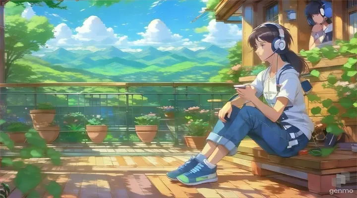 anime, person sitting on a porch with headphones on, High quality