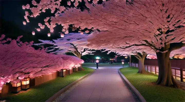 Cherry blossom festival at night, lanterns and petals aglow