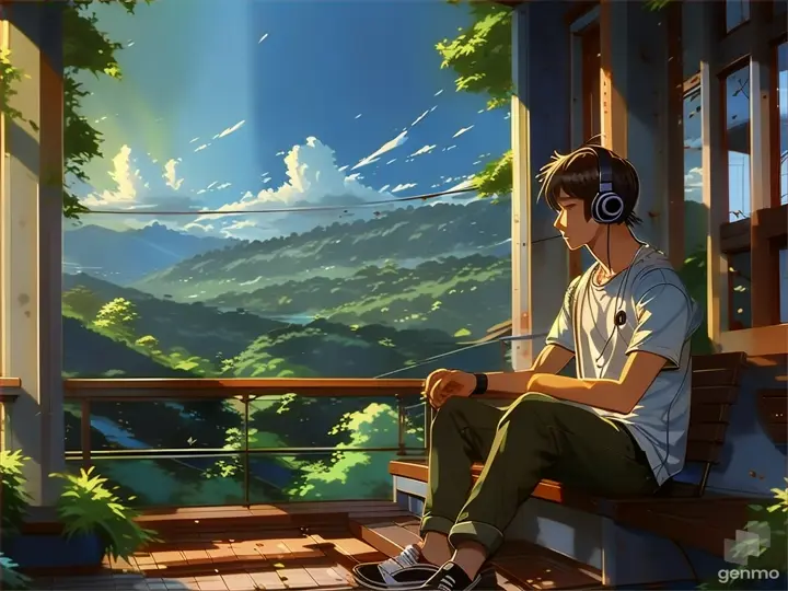 an anime man sitting on a porch with headphones on, High quality