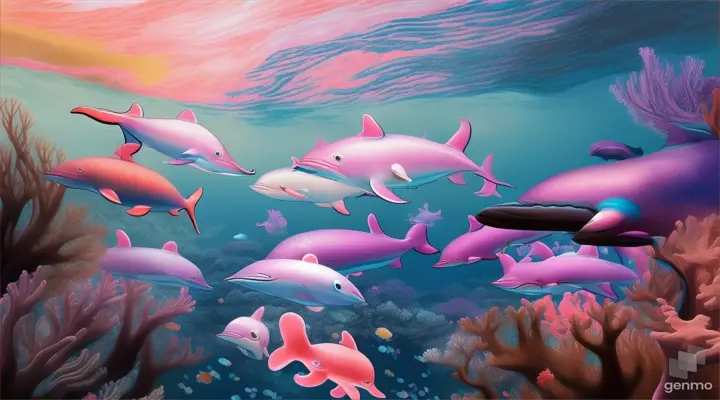 One day, as the tides shifted and the currents whispered tales of distant wonders, Pink dolphin and Blue dolphin sensed a stirring in the depths of Coral Haven. It was time for the annual migration, a journey of discovery and renewal. With Coral leading the way, her graceful form gliding effortlessly through the waters, the pod embarked on their odyssey.cartoon illustration