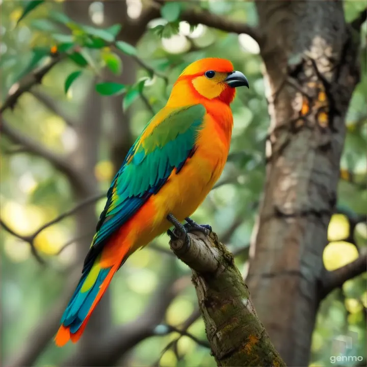 bird with oranye color standing on forest green tree branch