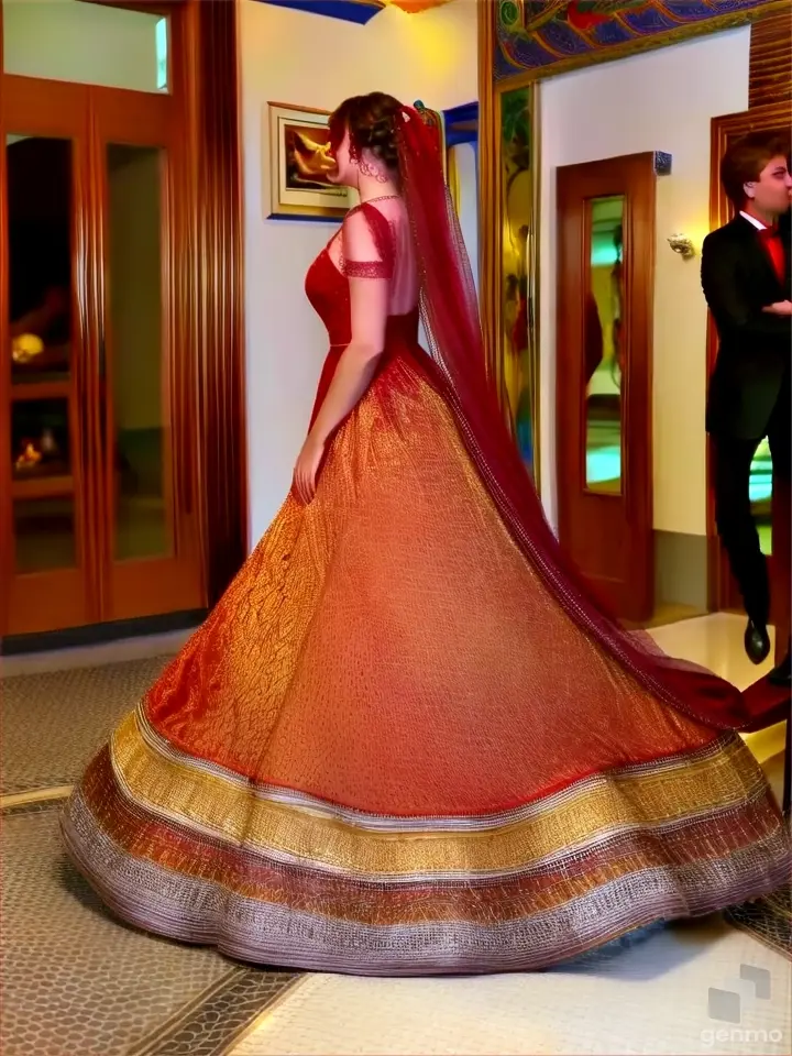 a woman in a red bridal gown standing in a room