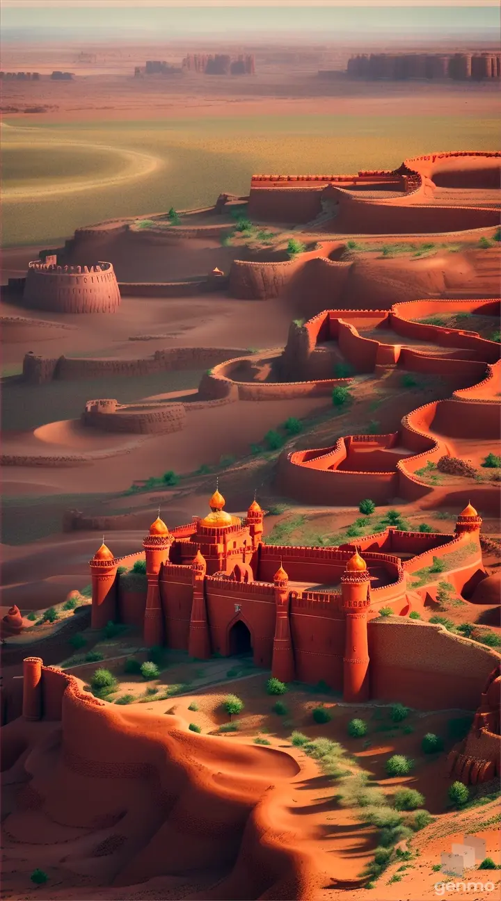 Nestled between the crimson sand dunes of a Red Desert, a fortress made of red sandstone topped with battlements and encircled with lush green trees in the distance of a deserted, dry, red desert with sand dunes 
