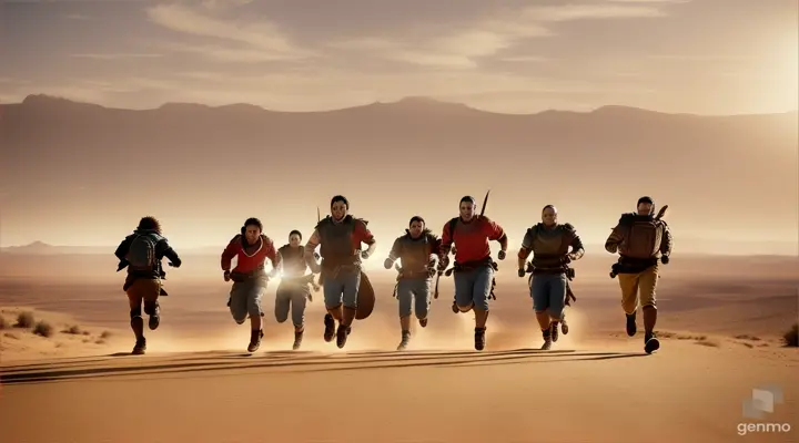 You f acolytes running together across a barren red desert holding barrels of water 