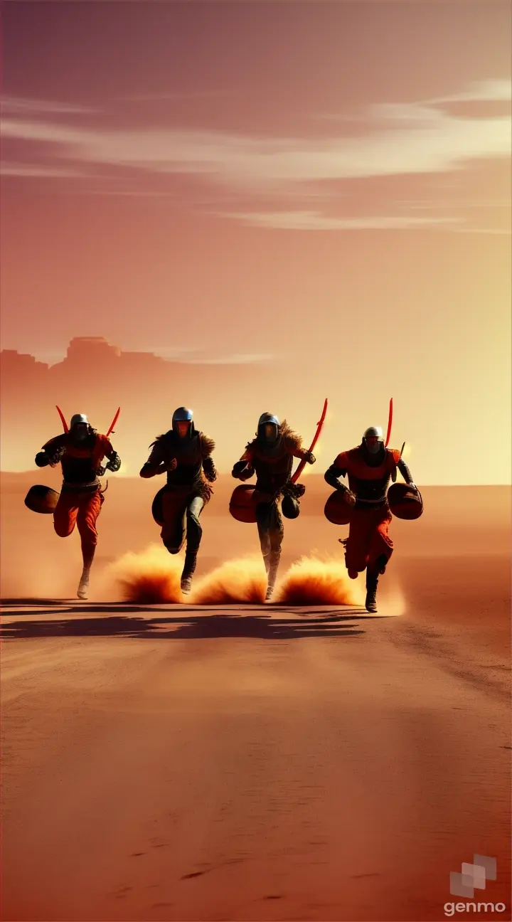 You f acolytes running together across a barren red desert holding barrels of water 