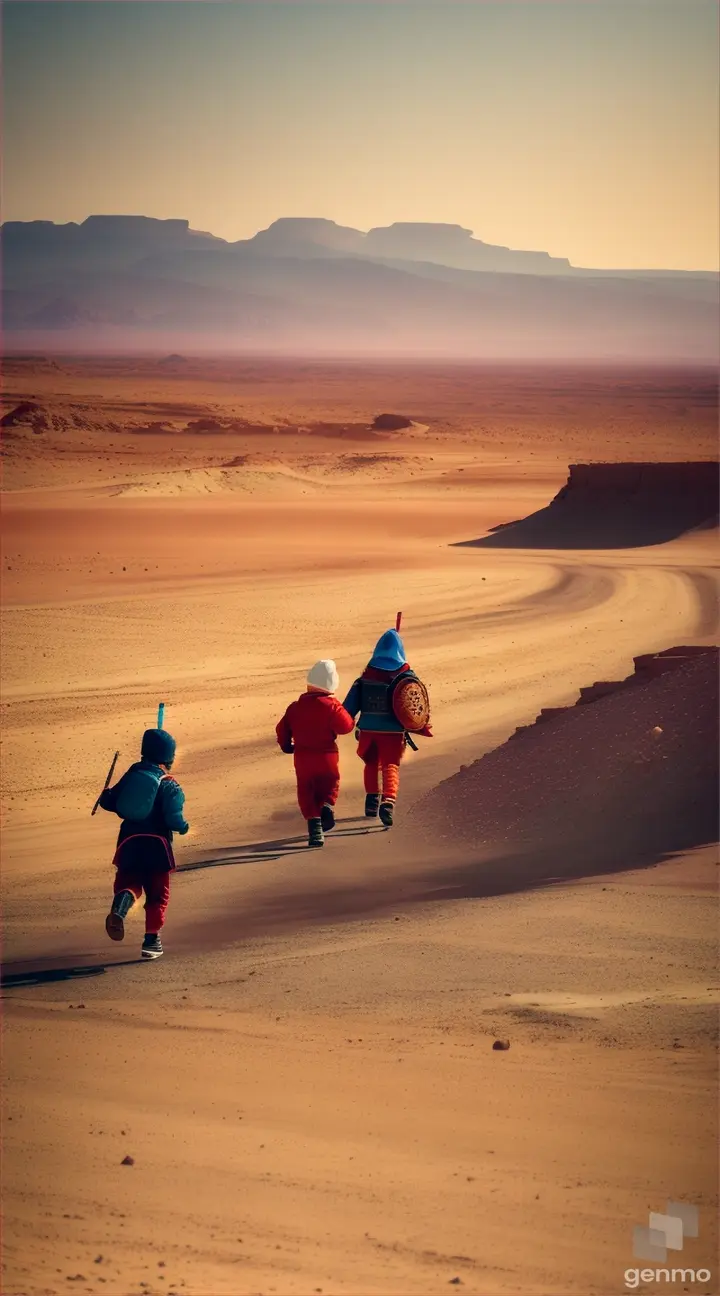 Young acolytes running together across a barren red desert holding barrels of water 