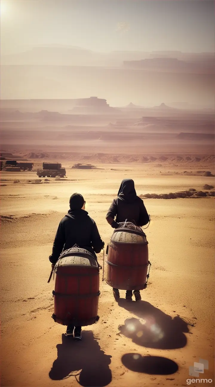 Young acolytes running together across a barren red desert holding barrels of water, view from a distance 