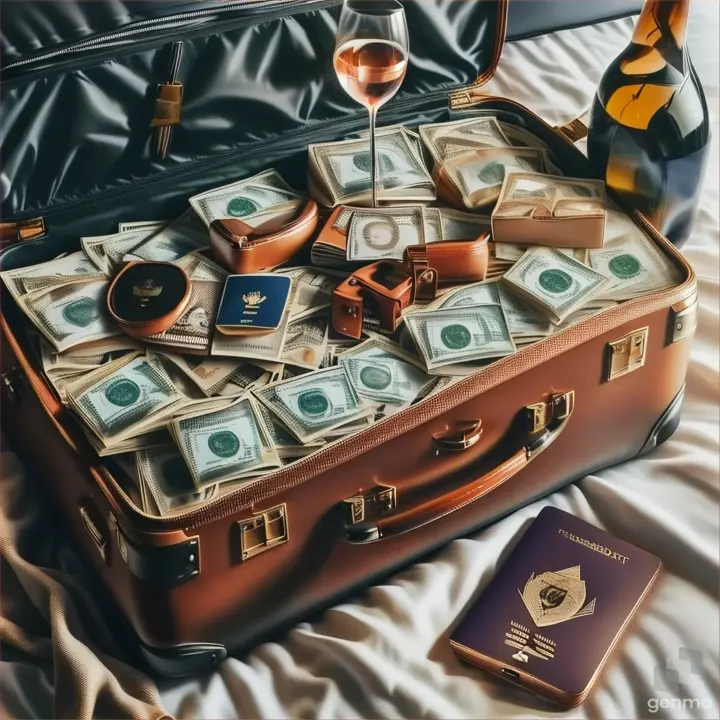 a suitcase filled with money and a passport