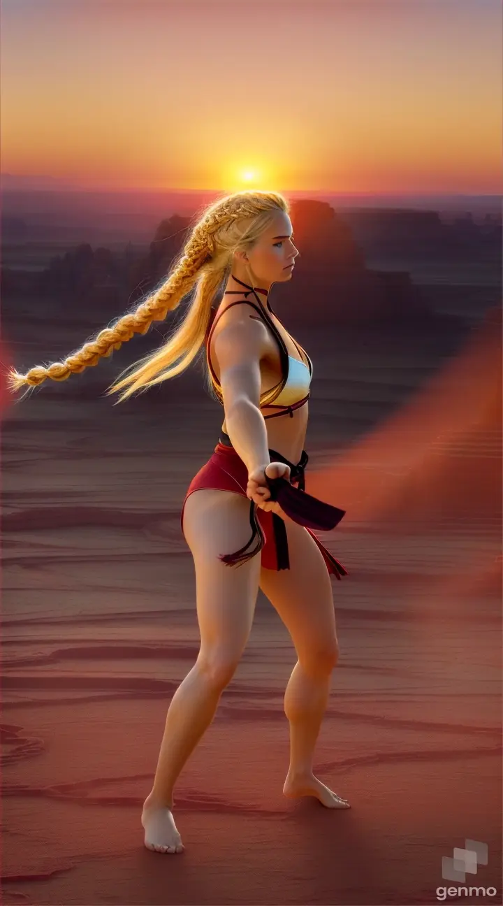 Create a visually striking image depicting a beautiful blonde woman with a long braid practicing karate amidst a vast, crimson desert landscape, with the fiery hues of the sky mirroring the intensity of her movements