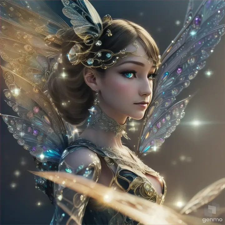 (cyborg fairy), crystal, brilliant, glassy reflections, particles, intricate details, highly detailed, Mysterious