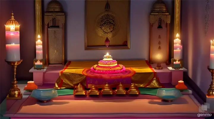 Show devotees preparing for the puja (worship) by arranging flowers, lighting lamps, and setting up the altar with idols of Lord Mahavir.[Prayer Rituals]