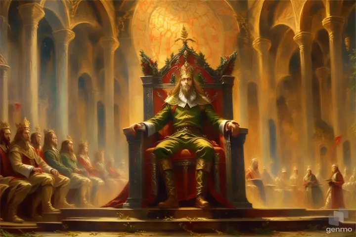a painting of a king sitting on a throne