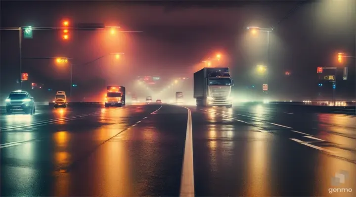 It's raining on the highway at night, trucks are driving