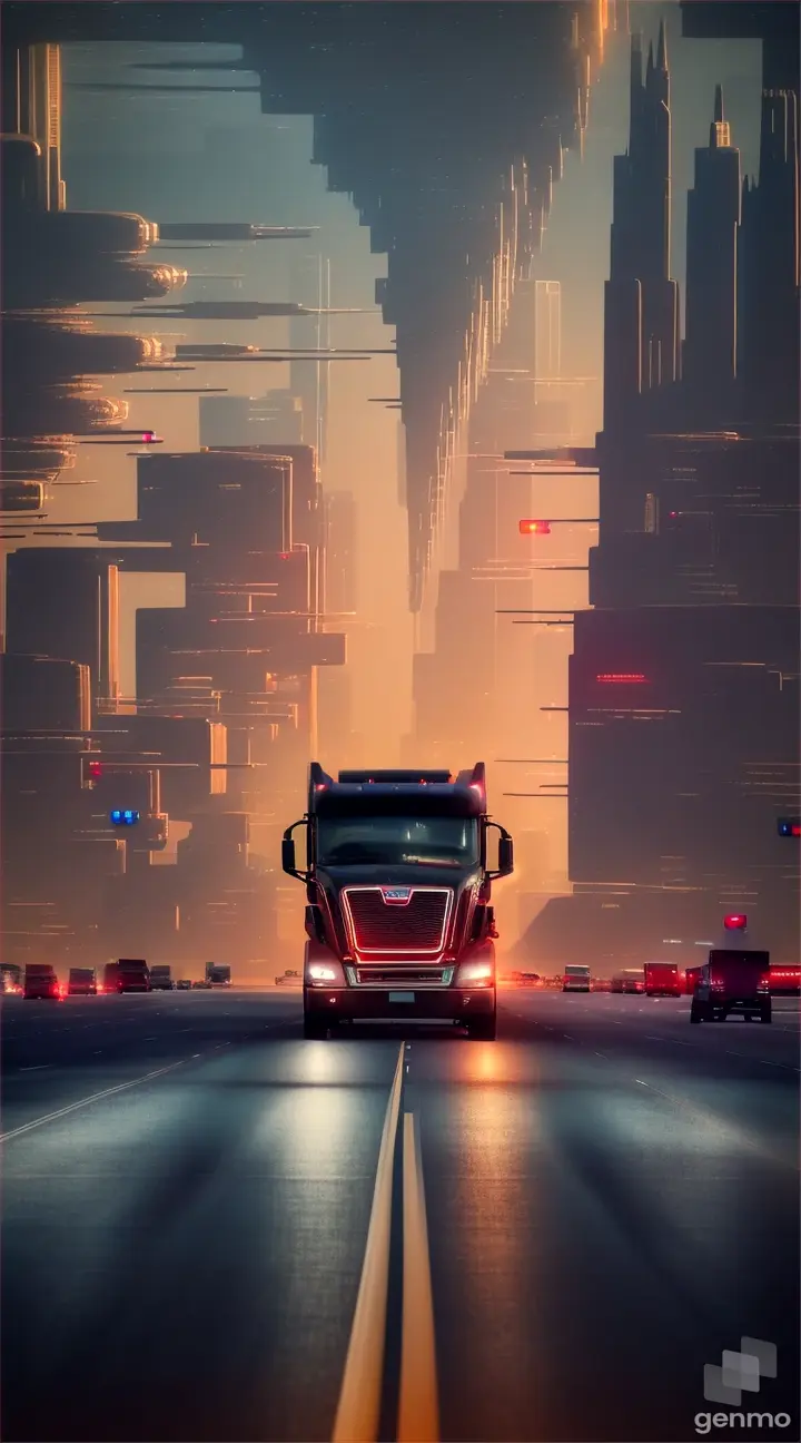 A single truck on a deserted highway leading towards an imposing, futuristic skyline