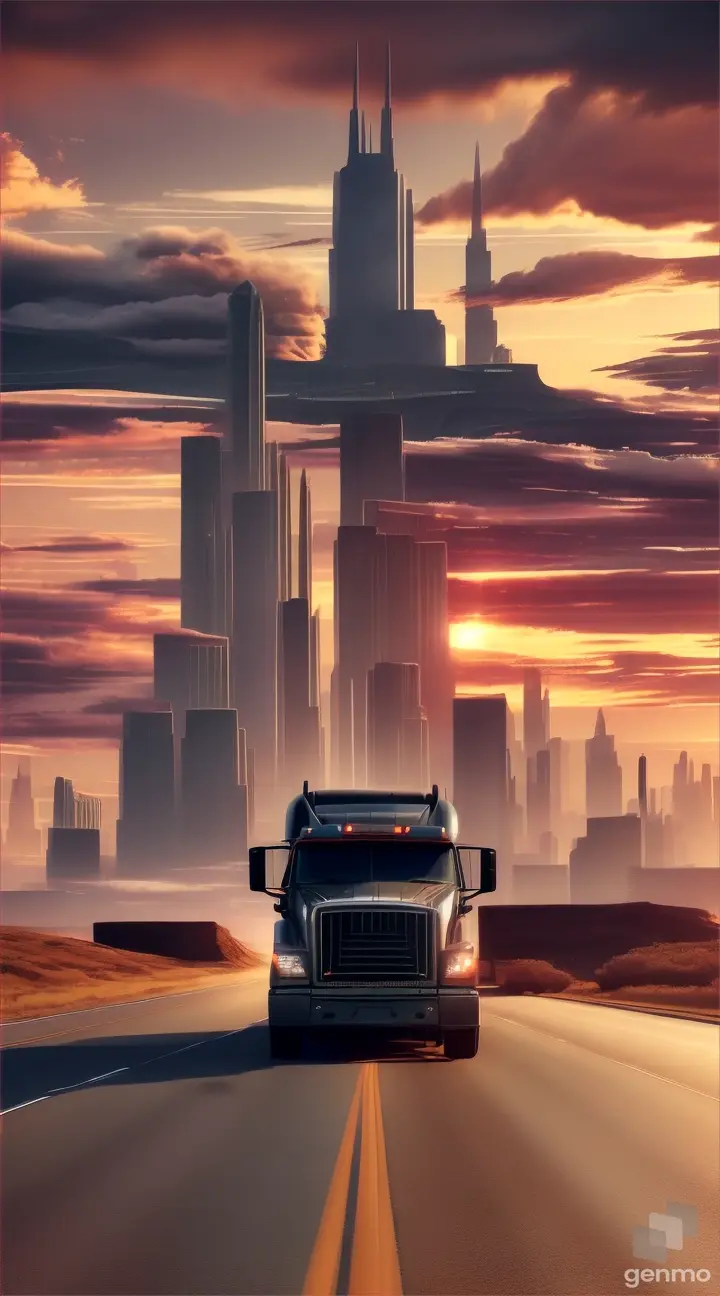 A single truck on a deserted highway leading towards an imposing, futuristic skyline