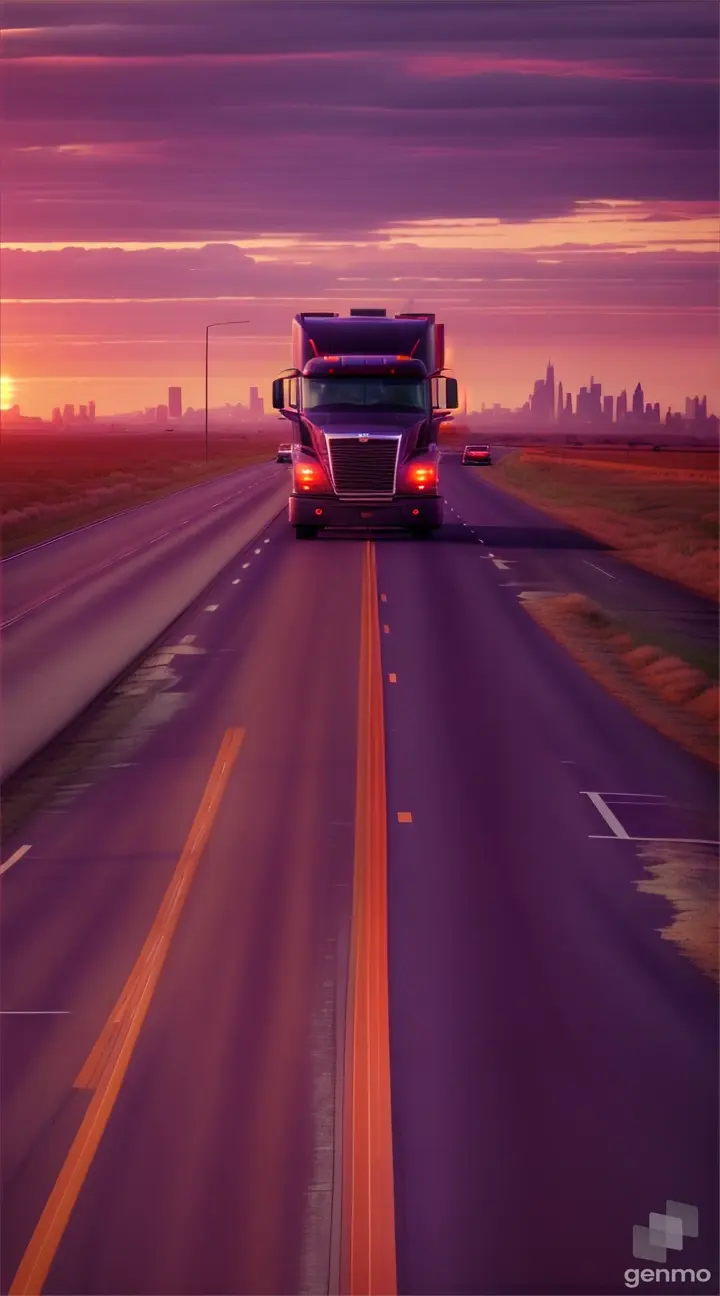 A single truck on a deserted highway leading towards an imposing, futuristic skyline