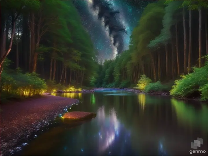 A tranquil river flowing with iridescent light, winding through a shimmering forest at night