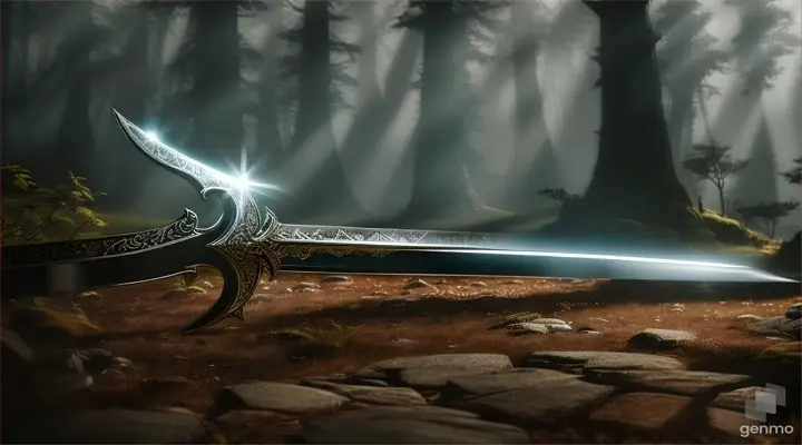 A long sword with white light lying on the ground in a dark forest, night, 16:9