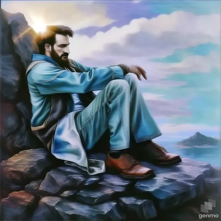 a painting of a man sitting on a rock