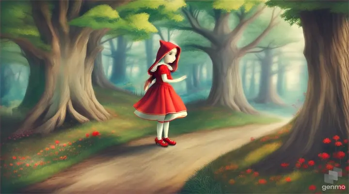 Little Red Riding Hood exploring a whimsical wilderness of twisting paths, levitating stones, and talking animals