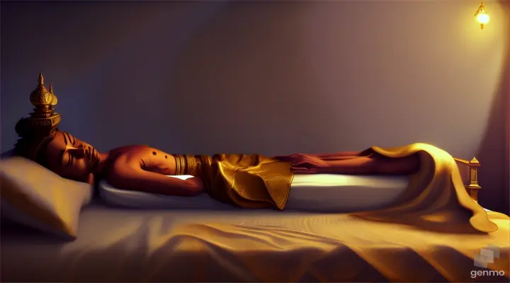 Maneebhadra's Dream: Illustrate Maneebhadra sleeping on his bed, dreaming of a monk who approaches him. The monk speaks to him in his dream, promising a transformation into gold.