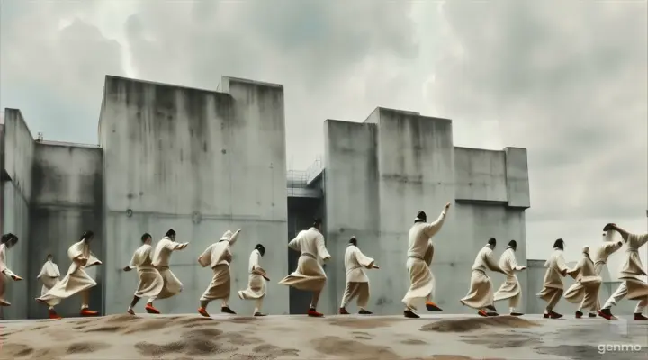 a group of people dancing techno in a cement surface