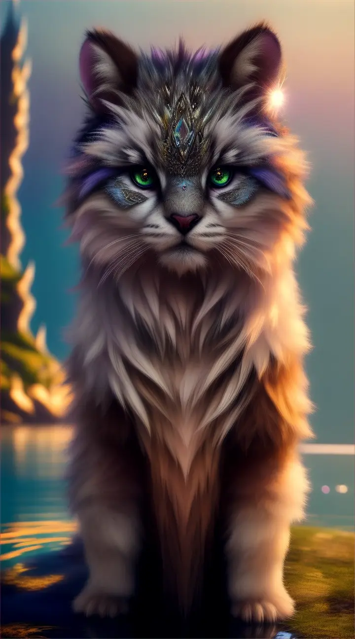close midshot, high detail, 8k, photorealistic, bedazzling cute fluffy wild creature, rule of thirds depth of field intricate details, concept art, vivid colors, futuristic design, attention to detail, grandeur and awe, stunning visual masterpiece, fantastical realm, hard light, water, 