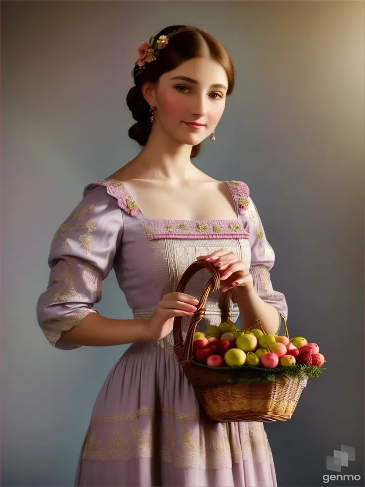 a woman in a dress holding a basket of fruit