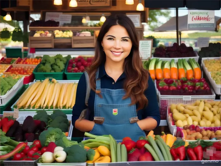 a woman standing in front of a display of fruits and vegetables