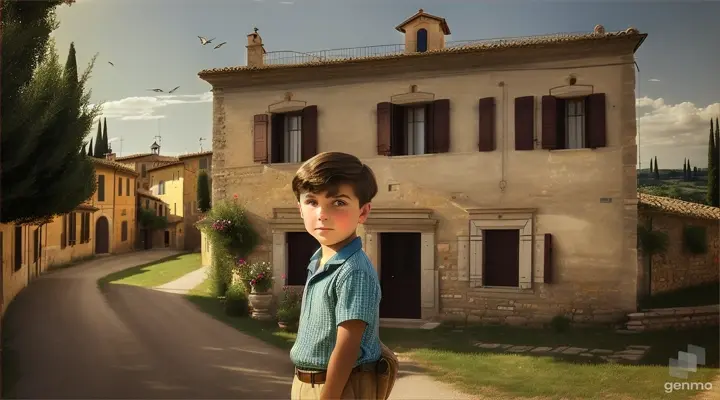  in 1452 in a small town in Italian Tuscany, Italy, shows a boy on the age of 14 watching how the birds fly, back side  of his old house.  in era of Renaissance; Horizontal 16.9 1942 time